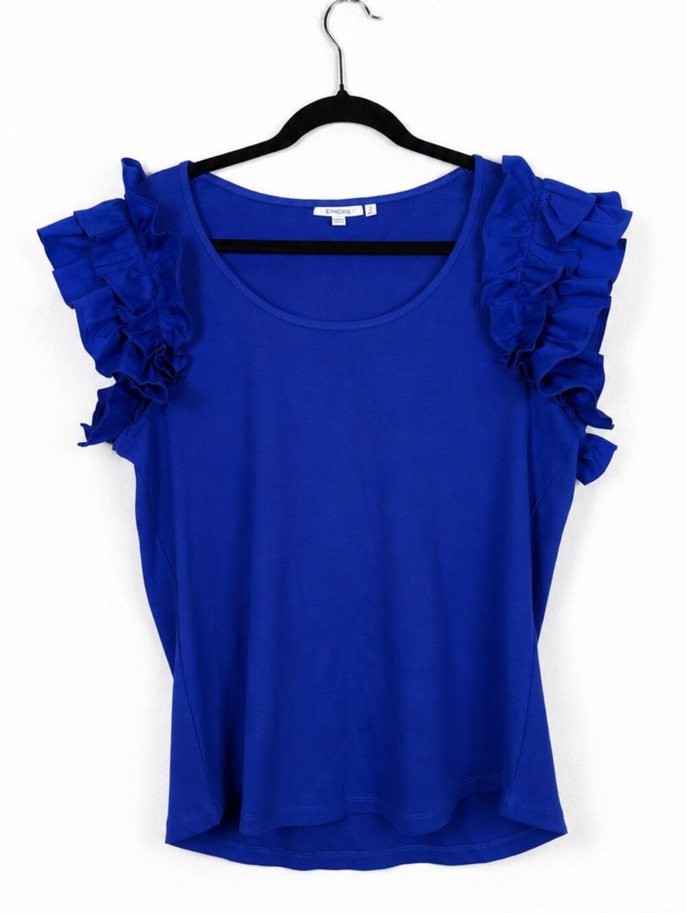 Chico's Royal Blue Ribbed Knit Ruffle Sleeve Top Size 3 XL Romantic Feminine